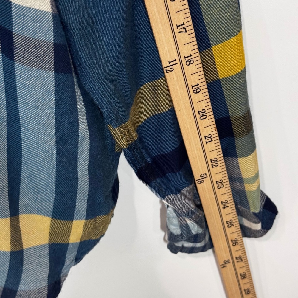 Lucky Brand Button Down Women XL Blue Yellow Plaid Modal Roll Tab Sleeve Flannel - Picture 9 of 11